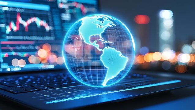 Futuristic glowing digital globe overlay on a laptop keyboard with financial data charts