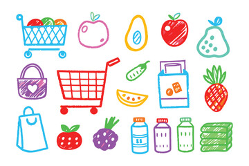 Grocery Cart and Fresh Product Sketches: Vivid, childlike drawings of a shopping cart alongside an array of fresh fruits and vegetables. The style, reminiscent of a playful doodle.