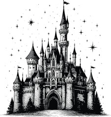 Obraz premium Cinderella castle fairytale kingdom vector black silhouette print design