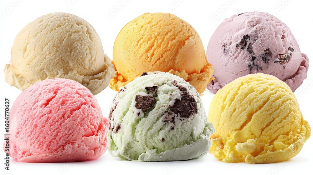 Poster assorted colorful ice cream scoops in different flavors and textures arranged on a white background 