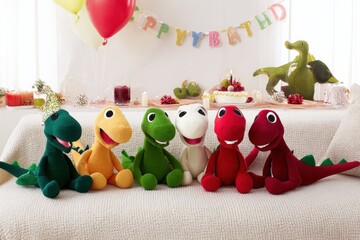 Obraz premium Colorful Dinosaur Plush Toys Sitting on Bed at Birthday Party with Balloons and Celebration Banner Decorations for Kids