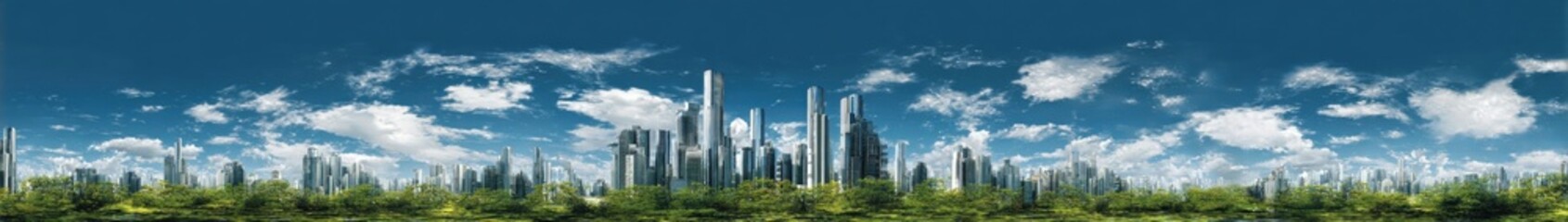 Fototapeta premium Modern city skyline with tall skyscrapers and lush green areas under a bright blue sky with scattered clouds du daytime