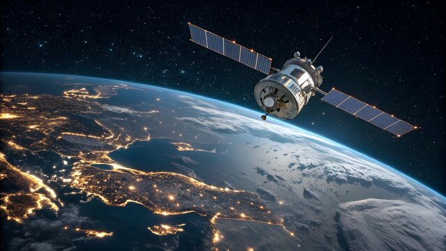 A sleek satellite orbits the glowing Earth, its solar panels catching the distant stars.