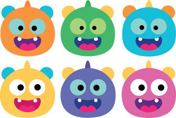 Obraz premium Eight Cartoon Monster Face Illustrations Arranged in a Composition