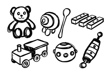 Playful Simplicity: A charming monochrome illustration captures the innocence of childhood, featuring a collection of classic toys, inviting a sense of nostalgia and fun.