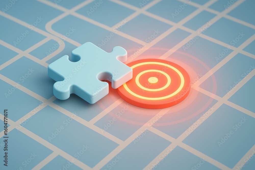 Poster puzzle piece and target: a meticulously crafted puzzle piece nears its goal of connecting with a str