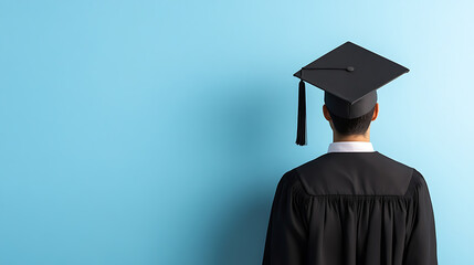 Back view of a graduate wearing academic regalia. The background is solid blue. Symbolizes achievement, education, and accomplishment.