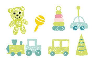 Childhood Delight: A cheerful collection of child's toys in a playful artistic, hand-drawn style, full of vibrant colors and whimsical appeal, perfect for projects with themes of childhood.