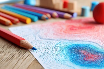 Colorful drawing tools on a wooden table with creative artwork in progress