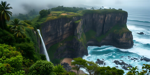 Lush tropical landscape with waterfall cliffs and ocean waves crashing on the rocky shore view