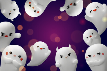 A playful 3D Halloween poster featuring a group of adorable ghosts frame. Each ghost has a unique personality. Halloween parties, kids events, social media graphics, or seasonal merchandise.
