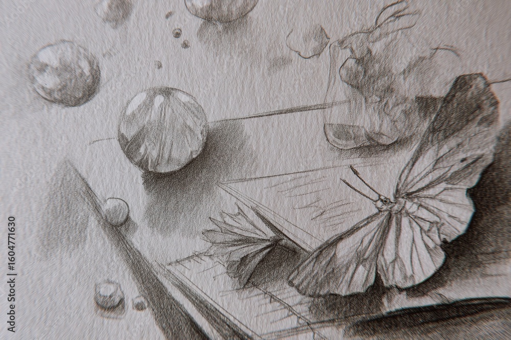 Poster detailed sketch of a butterfly resting on a notebook with bubbles in a tranquil setting