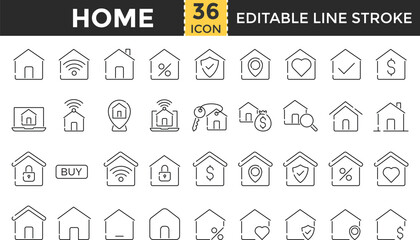 Home Line Icon Set – Outline Pixel Perfect Editable Stroke Icons Collection for Property, Location, Security, Real Estate, Town, Landlord, and Housing
