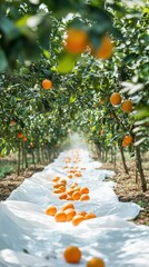 Orange harvest in citrus orchard with collection fabric