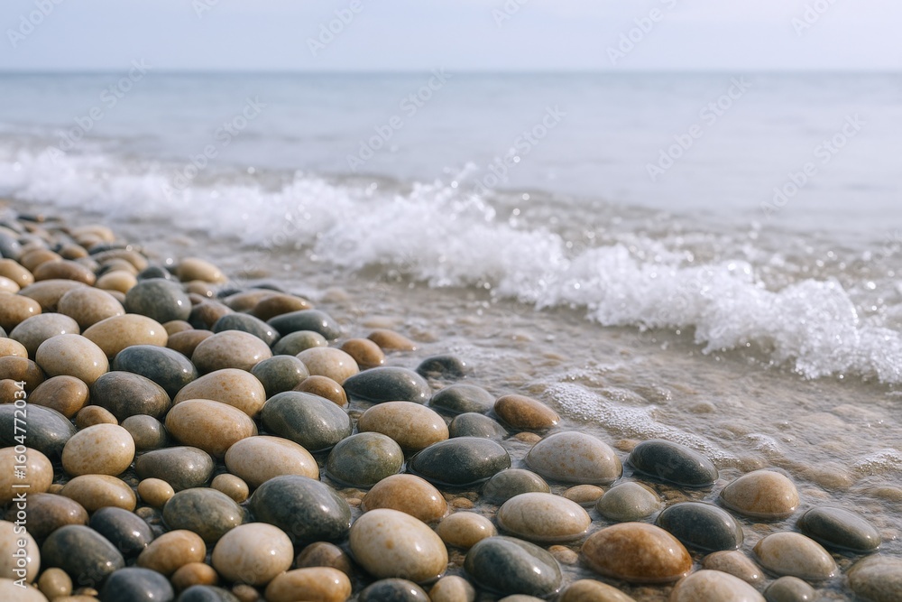 Poster serene beach scene with smooth pebbles in foreground gentle waves lapping onto shore clear sky calm 