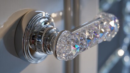 Obraz premium Close-up of an opulent door handle made of polished chrome with embedded clear crystal facets, mounted on a tempered glass door.
