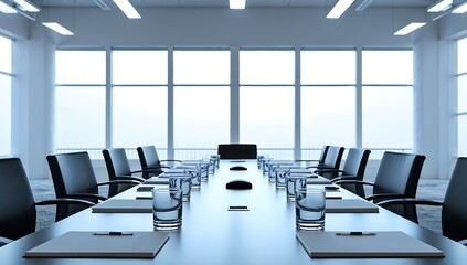Modern meeting room table with empty water glasses and notepads, chairs pulled back, bright diffused studio lighting through large simulated windows, clean, 8K.