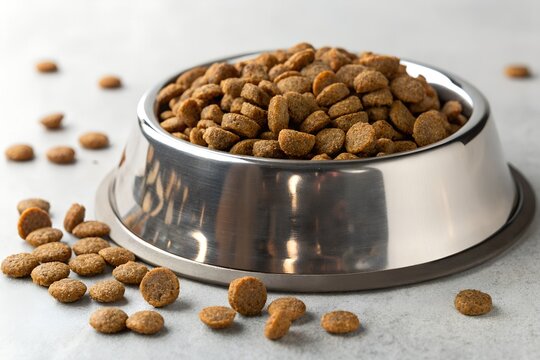 Dry cat food kibbles on stainless steel bowl