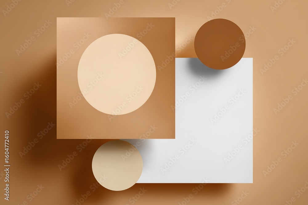 Poster geometric shapes in warm tones arranged on a textured background creating a minimalist artistic comp