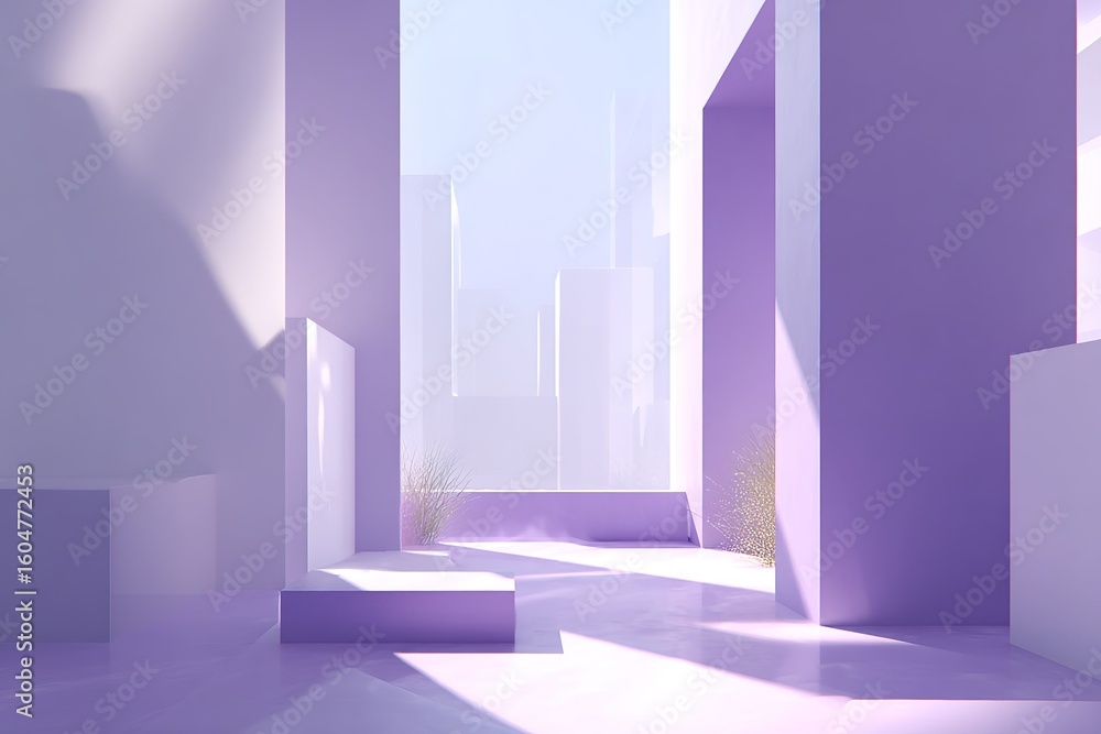 Aufkleber modern architectural design features soft purple hues and abstract structures in an urban environmen