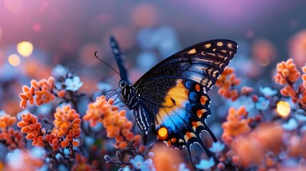 Obraz premium Vivid blue-yellow butterfly fluttering near fragrant apricot flowers with a glowing purple sky horizon, horizontal banner style with light texture and space. 