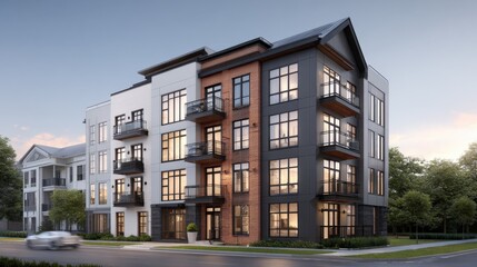Naklejka premium Modern multi-story residential apartment building with contemporary design black and white exterior large balconies urban neighborhood daytime