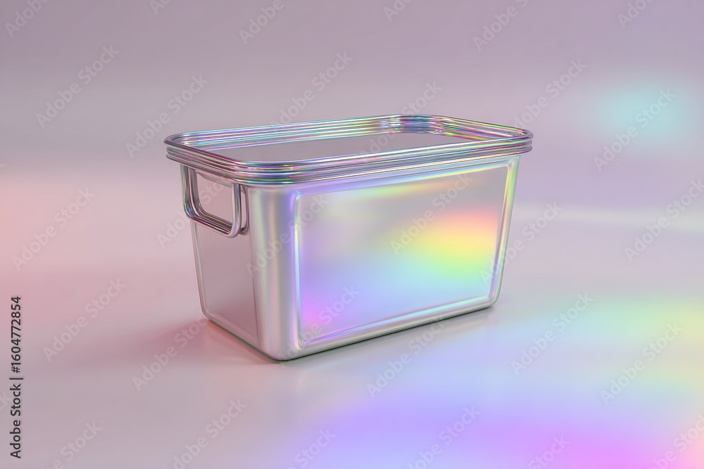 Poster reflective container with colorful sheen on a minimalistic background