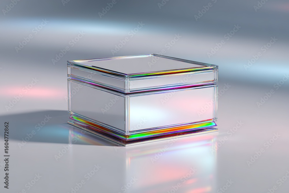Poster shimmering transparent box displaying colorful reflections and light play on a smooth surface