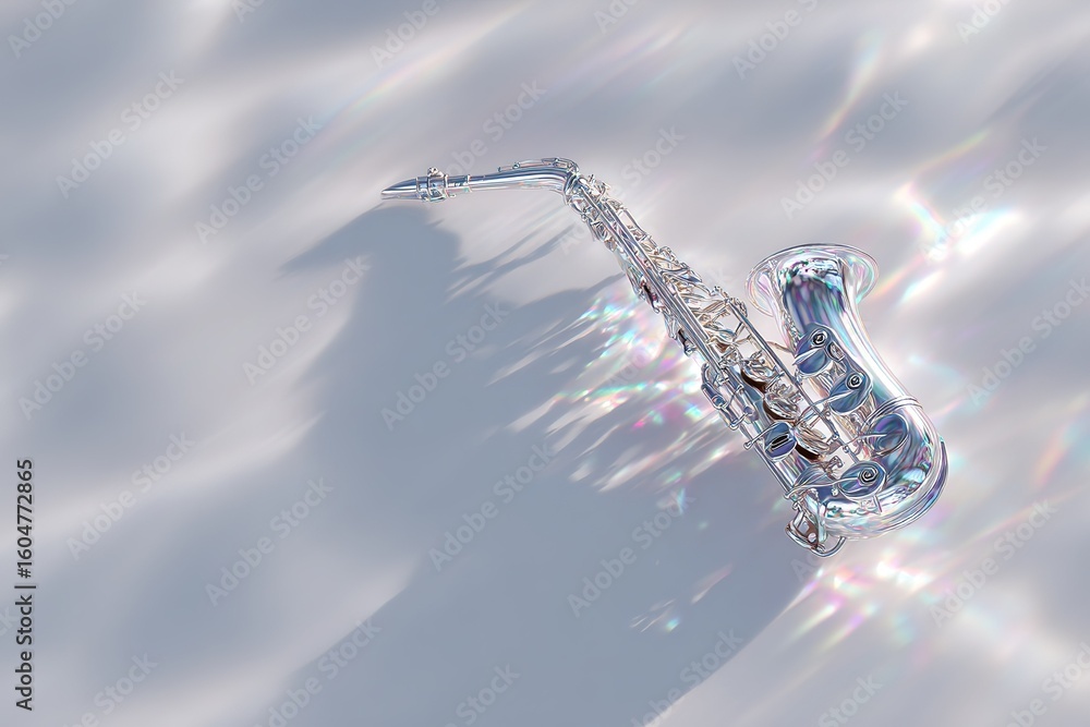 Poster saxophone resting on a reflective surface with soft light creating a shimmering effect