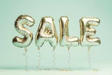 Shiny golden foil balloons spelling out the word "SALE" against a clean mint-colored background. A festive and eye-catching composition perfect for retail promotions, advertising, online shop banners.