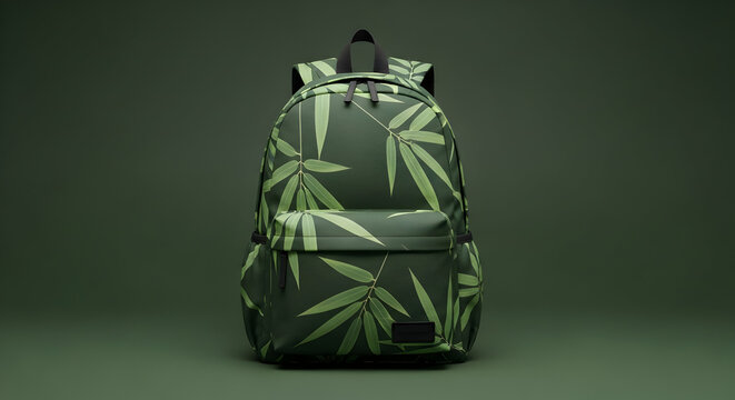 Stylish Dark Green Backpack with Pixelated Bamboo Leaf Pattern on Green Background