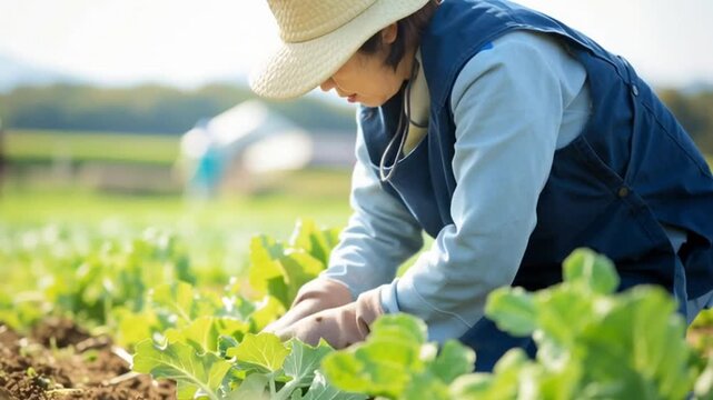 Japanese Farmer Woman Working in a Green Vegetable Field in the Countryside.Generative AI