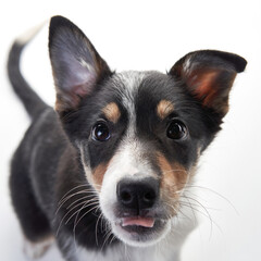 A Border Collie puppy gazes directly into the lens, ears perked up in curiosity. The white background emphasizes the puppy's sharp features and soft fur.