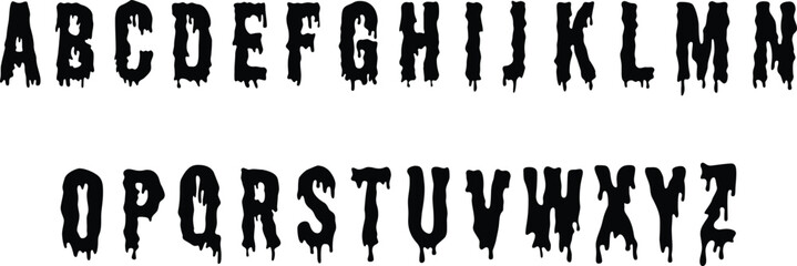 Dripping horror-style uppercase alphabet in bold black letters. Perfect for Halloween designs, spooky posters, or creepy digital graphics. Scary decorative font ideal for eerie creative projects.