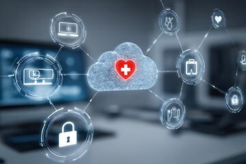 Secure healthcare data cloud connecting patient information, privacy, and telehealth services digitally.