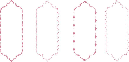 Elegant pink ornamental border frames with floral-inspired design in tall vertical format. Ideal for invitations, greeting cards, or decorative labels. Intricate vector outlines for stylish layouts.
