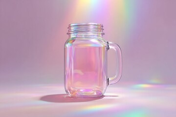 Sparkling glass jar filled with water reflecting colorful light on a soft background