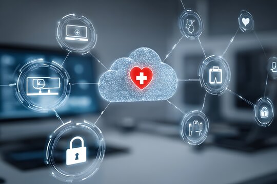 Secure healthcare data cloud connecting patient information, privacy, and telehealth services digitally.