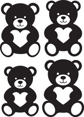 Four cute teddy bears holding hearts silhouette