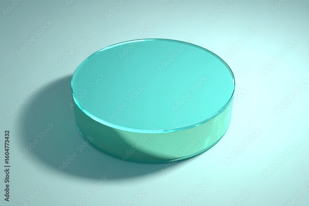 Poster circular turquoise glass object on a smooth surface creating serene visual appeal in bright lighting