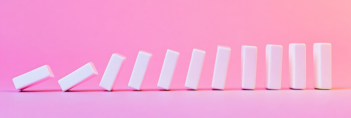 Falling dominoes on a pink surface. Represents cascading effects, chain reactions, and interconnectedness. Visual metaphor for consequence and impact.