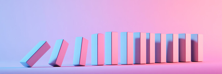 A row of rectangular objects, with the first few falling like dominoes, illuminated with a gradient of pink and blue lighting against a solid backdrop.
