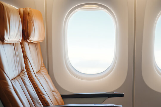 Airplane window view with tan leather seats. Traveling during the day, peaceful sky view, comfort and adventure await. Plane journey.