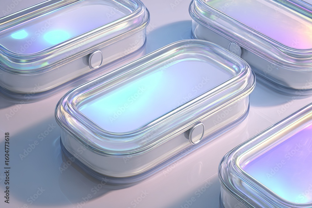 Poster modern storage containers with iridescent surfaces on a minimalistic table setting in soft lighting 