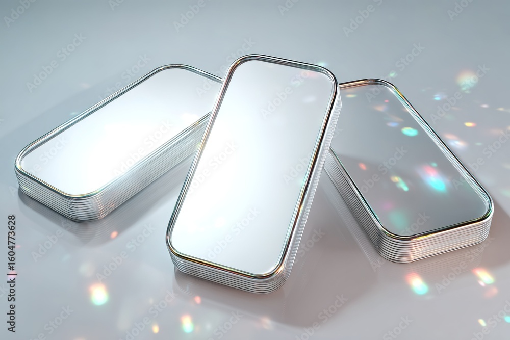 Poster reflective metal bars arranged in a triangular formation on a surface with light reflections