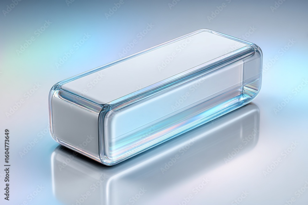 Poster elegant glass container with a smooth surface resting on a reflective gradient background in soft li