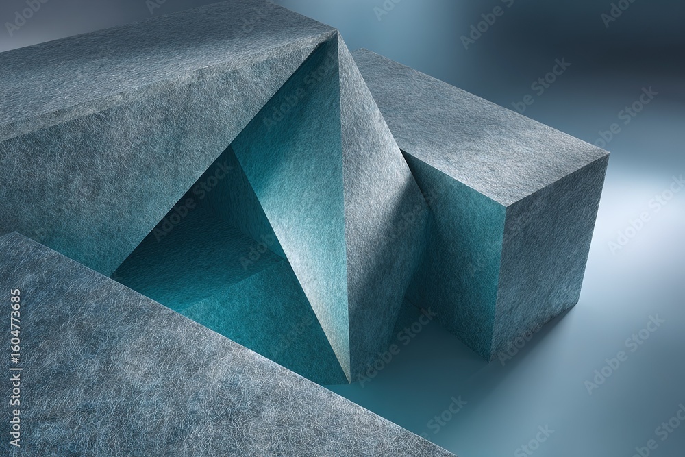 Poster geometric shapes made of textured material in a minimalist design emphasizing light and shadow effec