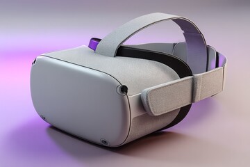 Virtual reality headset positioned on a solid surface with a colorful background