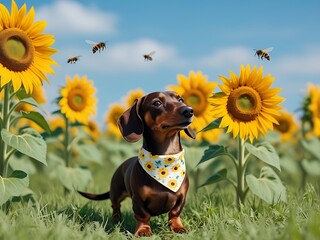 Dachshund Sunflower Field Bees Summer.
