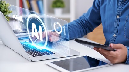 Person interacting with artificial intelligence interface on a laptop screen